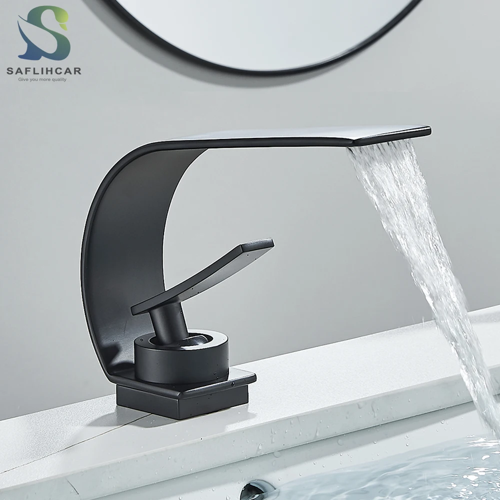 Black Thin style Bathroom Sink Faucet Modern Mixer Hot Cold Water Tap Waterfall Deck Mounted Vessel Sink Faucet