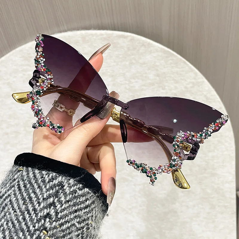 Rimless Butterfly Sunglasses Cat Eye Popular Women Men Shades Small Ellipse Sun Glasses for Female Male Party Traveling Glasses