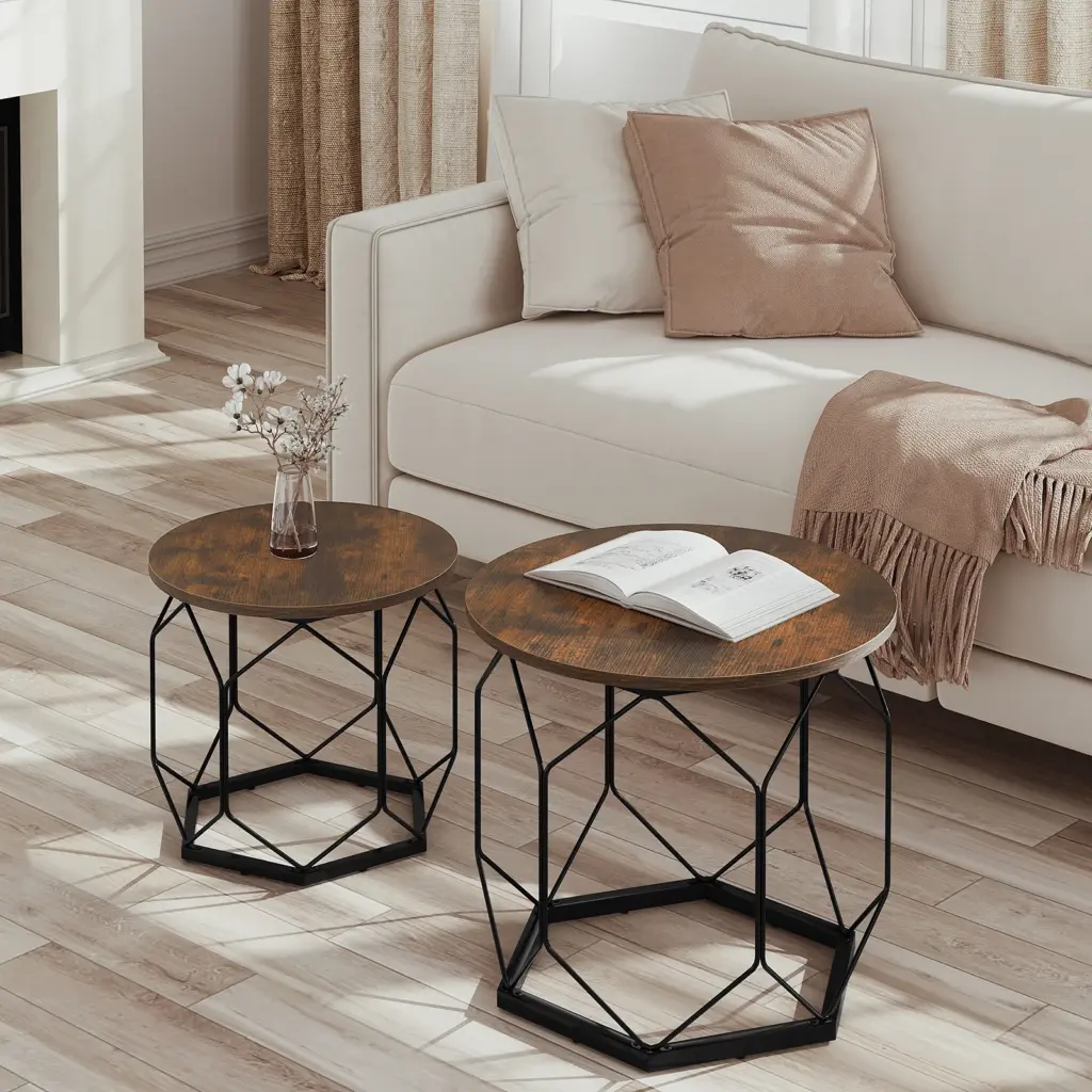 2PCS/Set Coffee Table Round Sofa Side Table with Storage Space Hollow Metal Frame Bedside Table for Living Room Bedroom Home