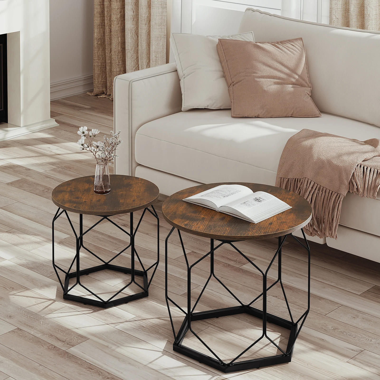 2PCS/Set Coffee Table Round Sofa Side Table with Storage Space Hollow Metal Frame Bedside Table for Living Room Bedroom Home