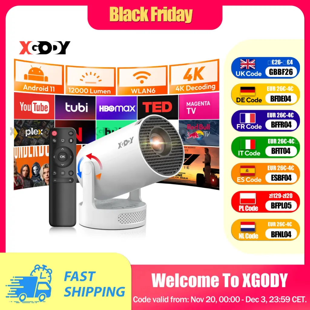 XGODY 4K 1080p LED Projector with 12000 Lumen Brightness, WiFi 6 Bluetooth 5.0 Portable Home Theater System for entertainment