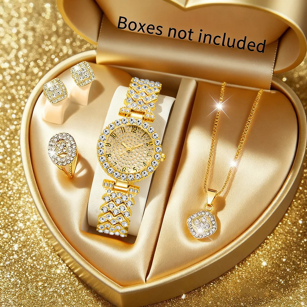 5pcs Luxury Rhinestone Women's Quartz Watch Elegant Ladies Bracelet Wristwatch Jewelry Set（Without Box）