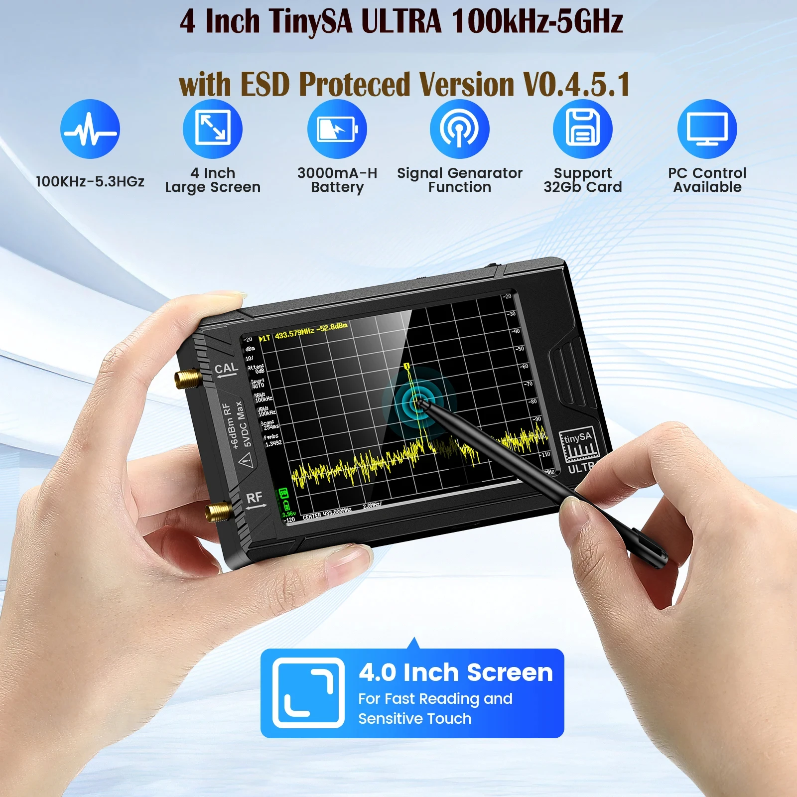 Spectrum Analyzer TinySA ULTRA With 4" Display 100kHz to 5.3GHz with 32GB Card Version V0.4.5.1