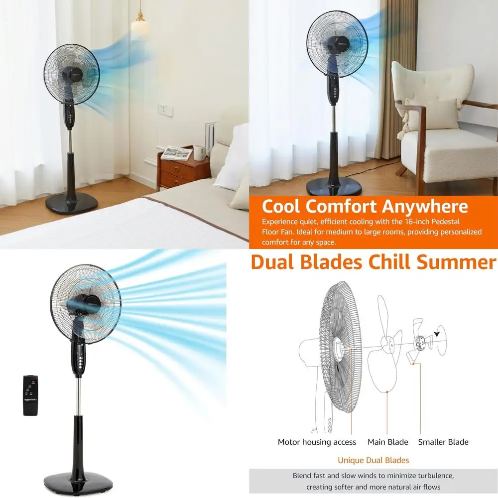16 Adjustable Height Pedestal Fan with Remote, 3 Speeds, 3 Modes, Timer, Tilt Head, 60W, Black
