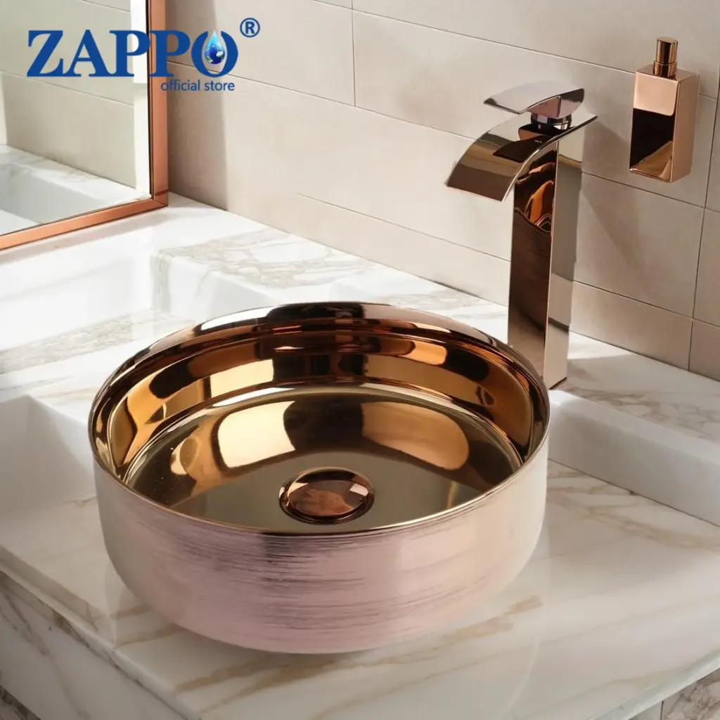 ZAPPO Luxury Rose Gold Vessel Sink Round Ceramic Bathroom Sinks Above Counter Washing Sink Faucet Combo Deck Basin Sinks Mixer