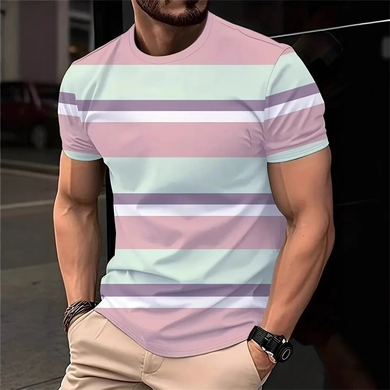 Simple Striped Contrast Color T Shirts For Men Fashion Summer Short Sleeve 3D Printed T-shirts Loose Street wear Harajuku Tees
