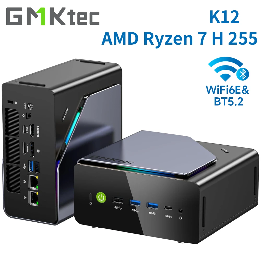 GMKtec K12 Gaming Mini PC AMD Ryzen 7 H 255(Upgraded 8745HS) Desktop Mini Computers Radeon 780M WiFi 6E/BT5.2, USB-C, Barebone