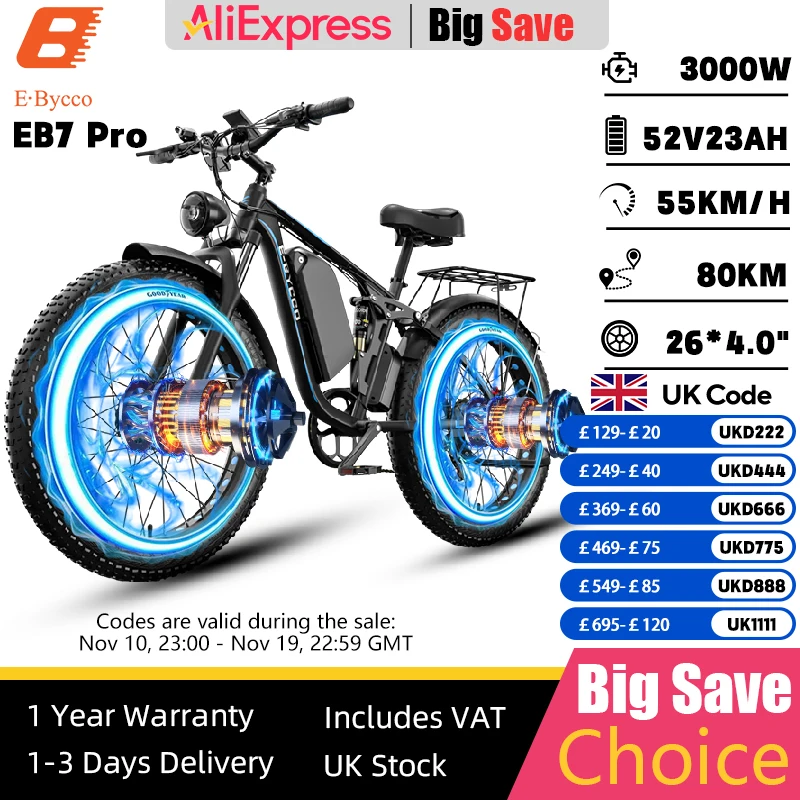 E-BYCCO EB7 Pro E-bike 3000W Dual Motor 52V 23AH 26*4.0 Inch Fat Tire Electric Bicycle Off-road Hydraulic Brake Electric Bike