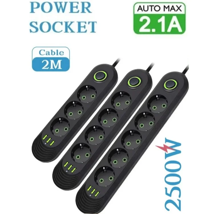 2500W EU Plug Power Strip European Standard AC Outlet with USB Charging Ports Home Fast Charging Socket With 2M Extension Cable