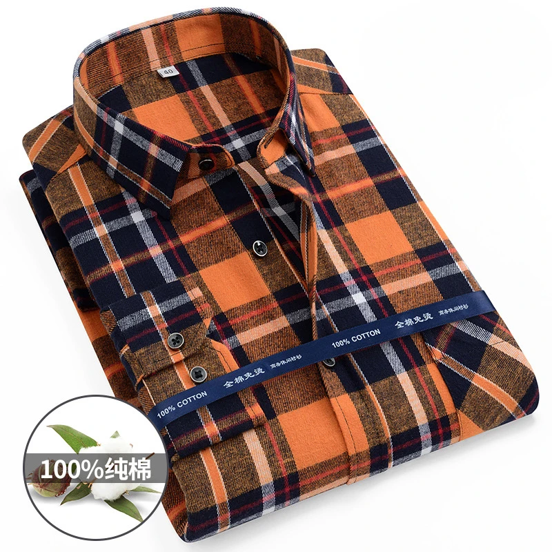 Size 11XL 10XL 9XL Fashion Flannel Plaid Shirts For Men's Long Sleeve Cotton Casual Blouse Soft Standard-Fit Shirt Male Clothing