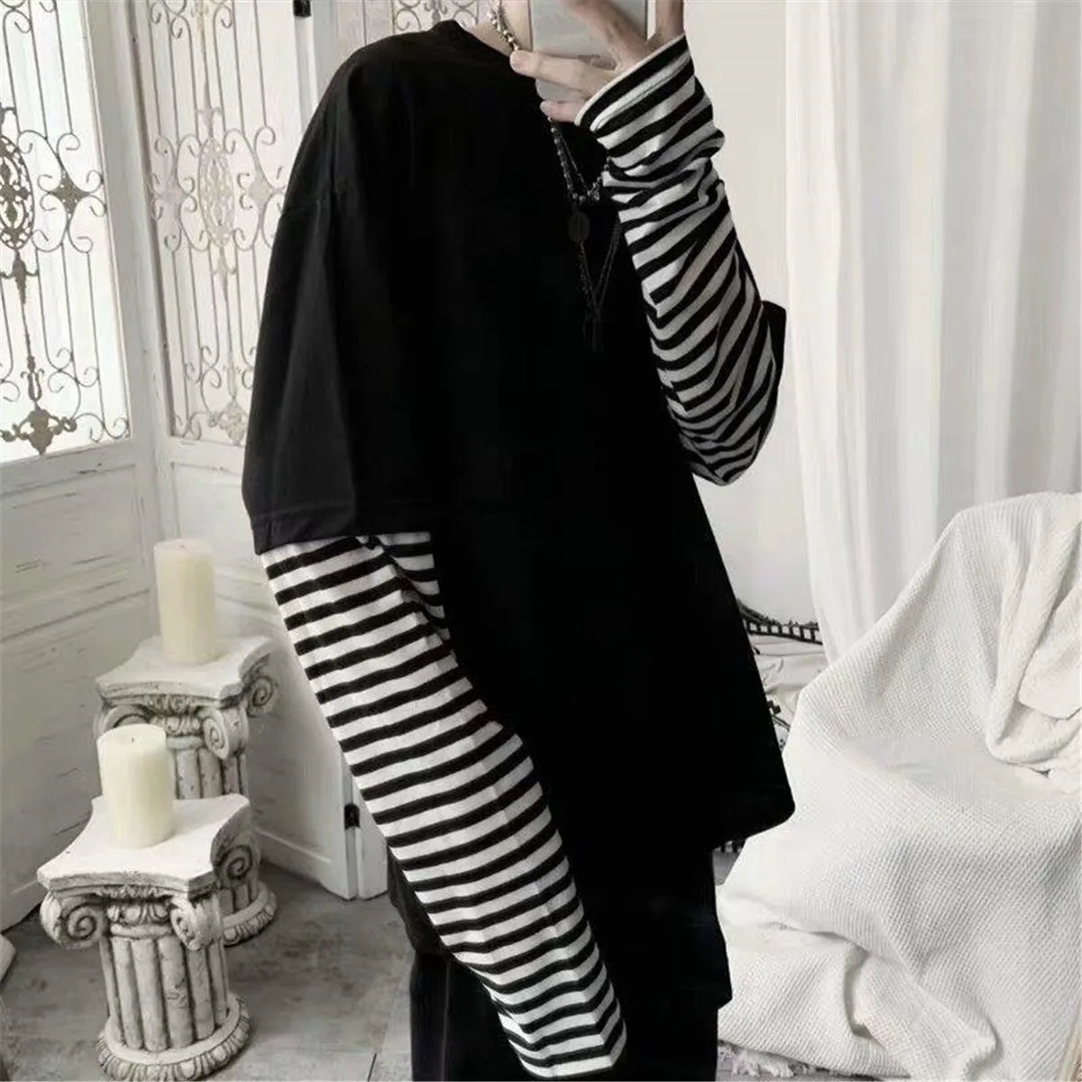 Cool Striped Patchwork T-Shirt Men Autumn Oversize Tops Boys Solid Long Sleeve T Shirt Fashion Japanese Gothic Japan T Shirt