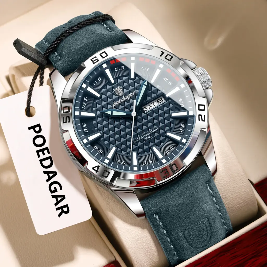 POEDAGAR Original Men Watch Luxury Waterproof Luminous Date Week Watch For Man Quartz Leather Fashion Men's Watches Reloj Hombre