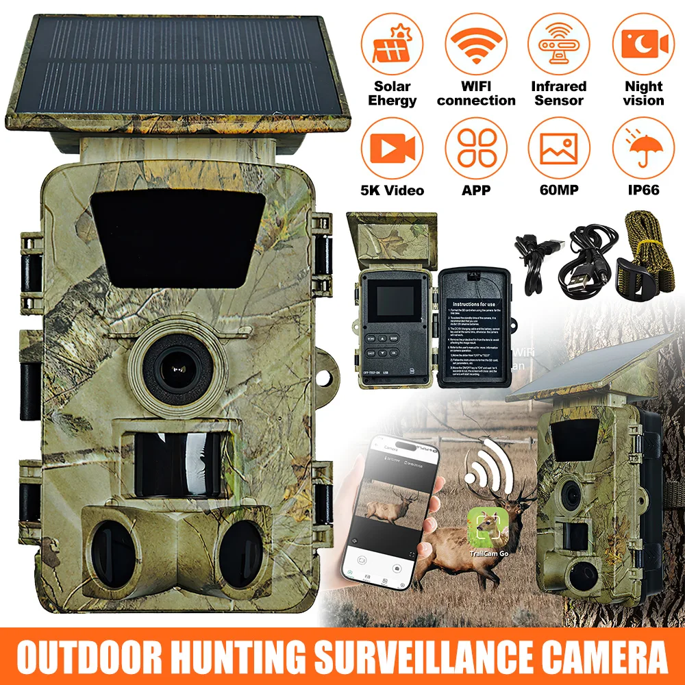 4K 60MP Wildlife Trail Camera Solar Powered WiFi Night Vision Monitoring Security Hunting Camera Waterproof Video Photo Recorder