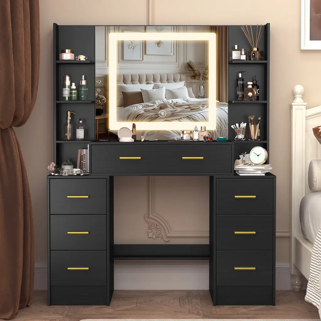 Large Black Dressing Table With Smart LED Mirror 7 Drawers Makeup Vanity Desk UK