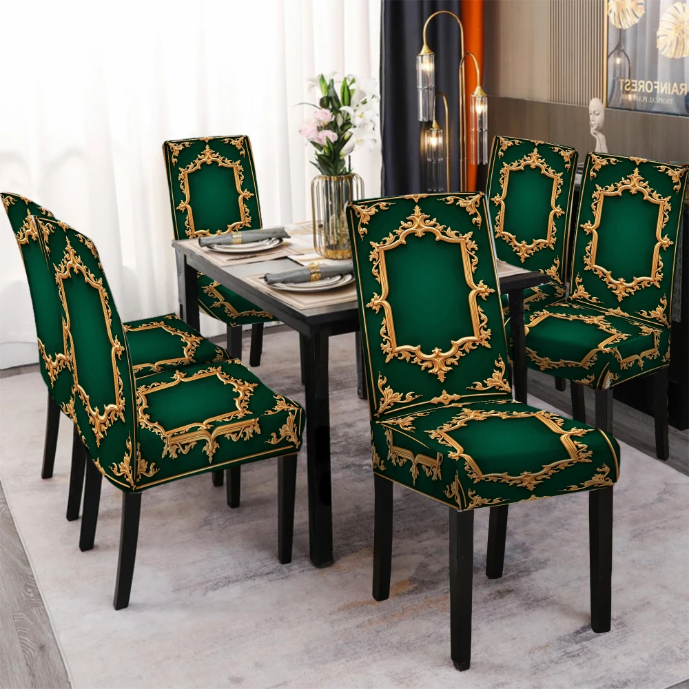 4/6pcs Elastic chair cover Green Velvet Dining Room Stretch Seat Covers with Gold Embroidery Pattern for Home Decor