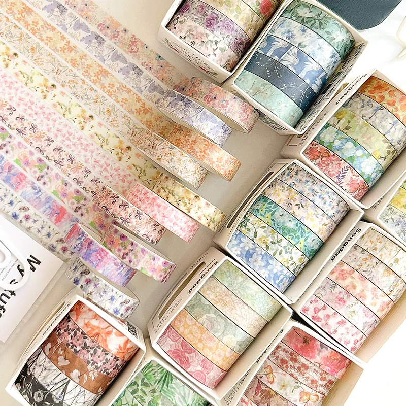 5 Rolls/set Aesthetics Floral Decorative Adhesive Tape Flower Washi Tape DIY Scrapbooking Material Sticker Label Stationery