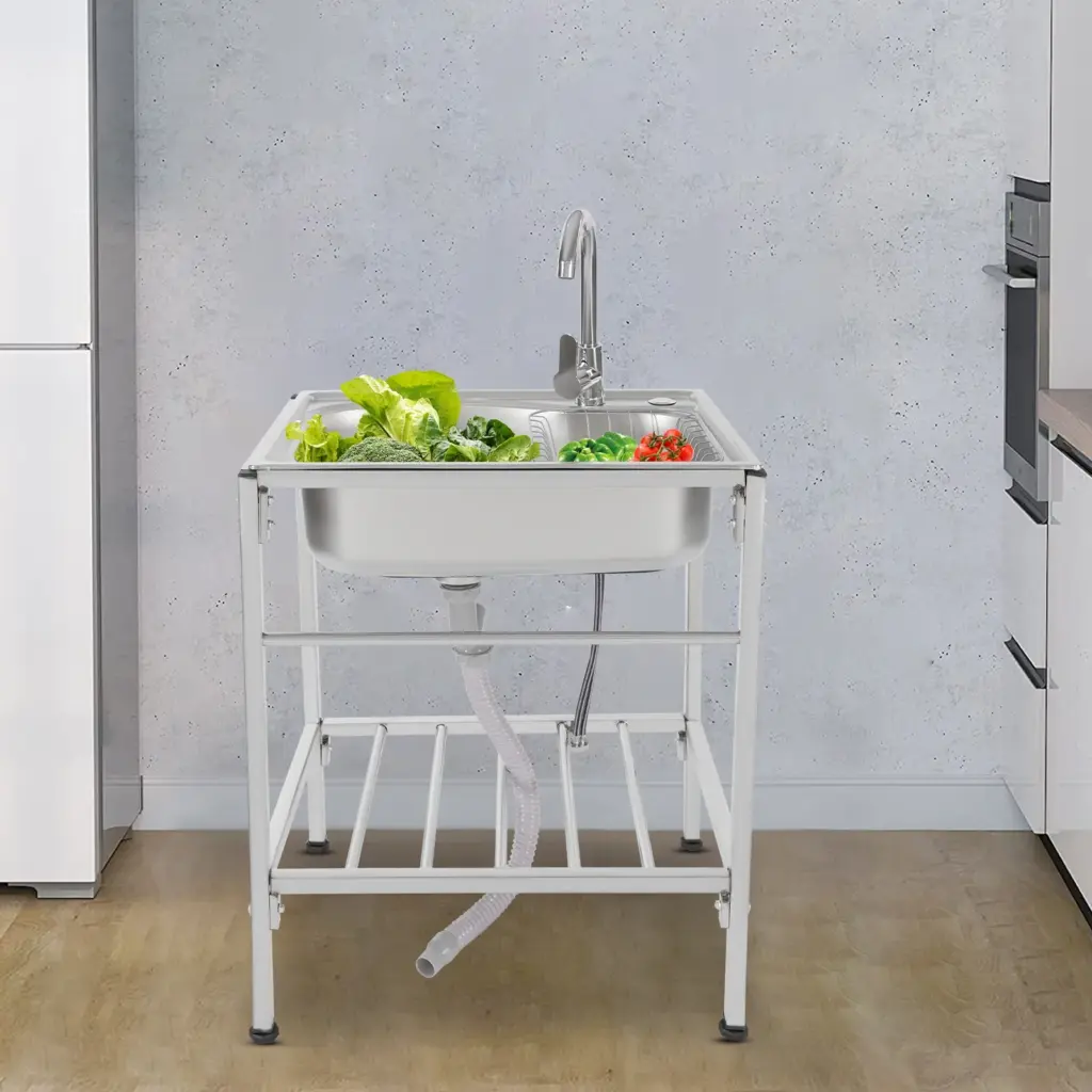 Stainless Steel Kitchen Sink, Outdoor Free Standing Single Bowl Workbench with 360° Rotating Faucet, Kitchen Square Sinks