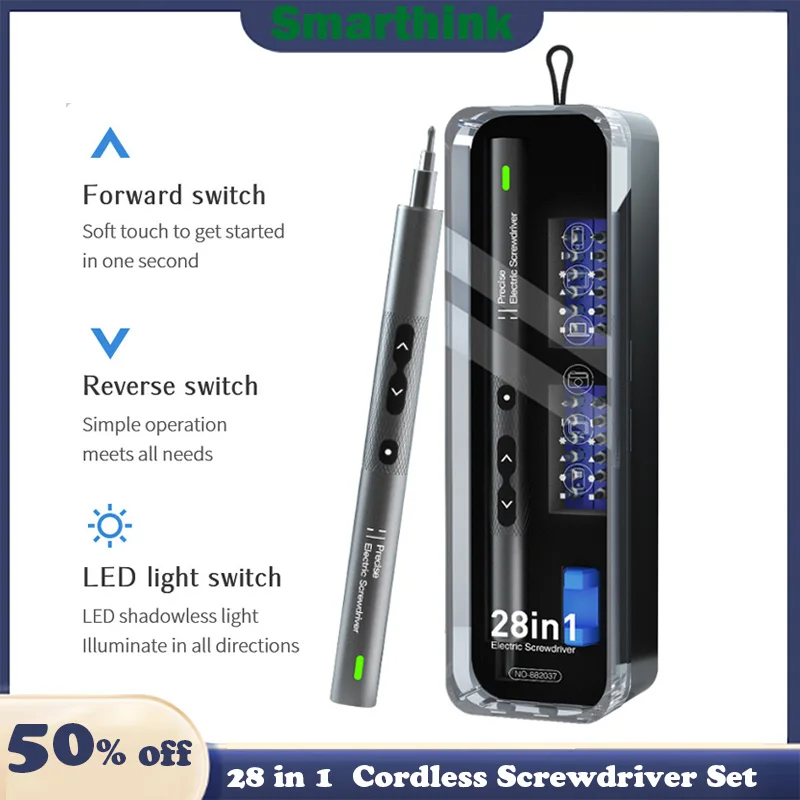 28 in 1 Precision Electric Screwdriver Set with USB Charge Lithium Battery MR1-4mm Tip Shadowless Light N30 Motor for Home Repai