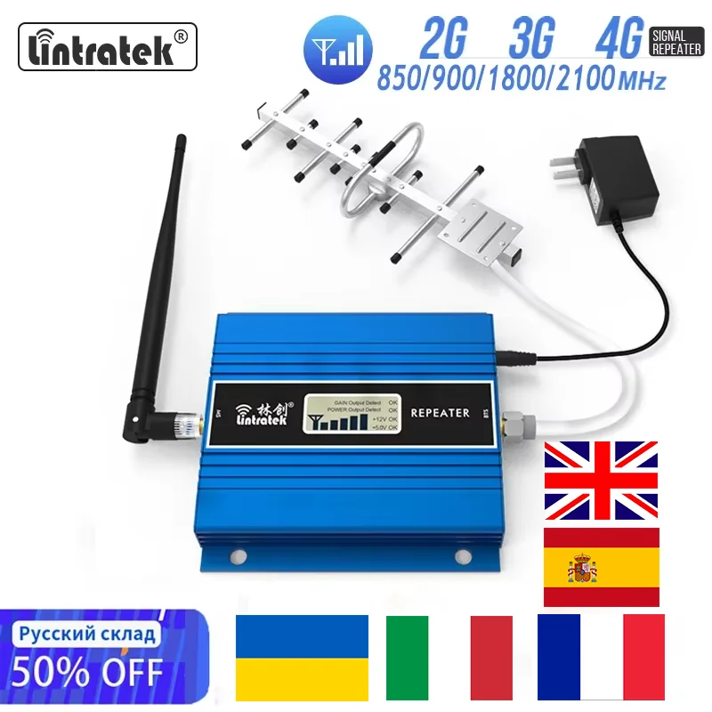 Lintratek 2G 3G 4G Cellular Amplifier GSM 900 LTE 1800 WCDMA 2100MHz CDMA 850 B5 Data Cellphone Booster Kit Antenna Repeater