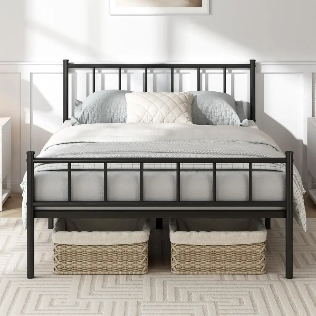 Black Metal Bed Frame, 33cm High with Spacious Underbed Storage, Steel Slat Support, Easy Assembly, Noise-Free, No Box Spring