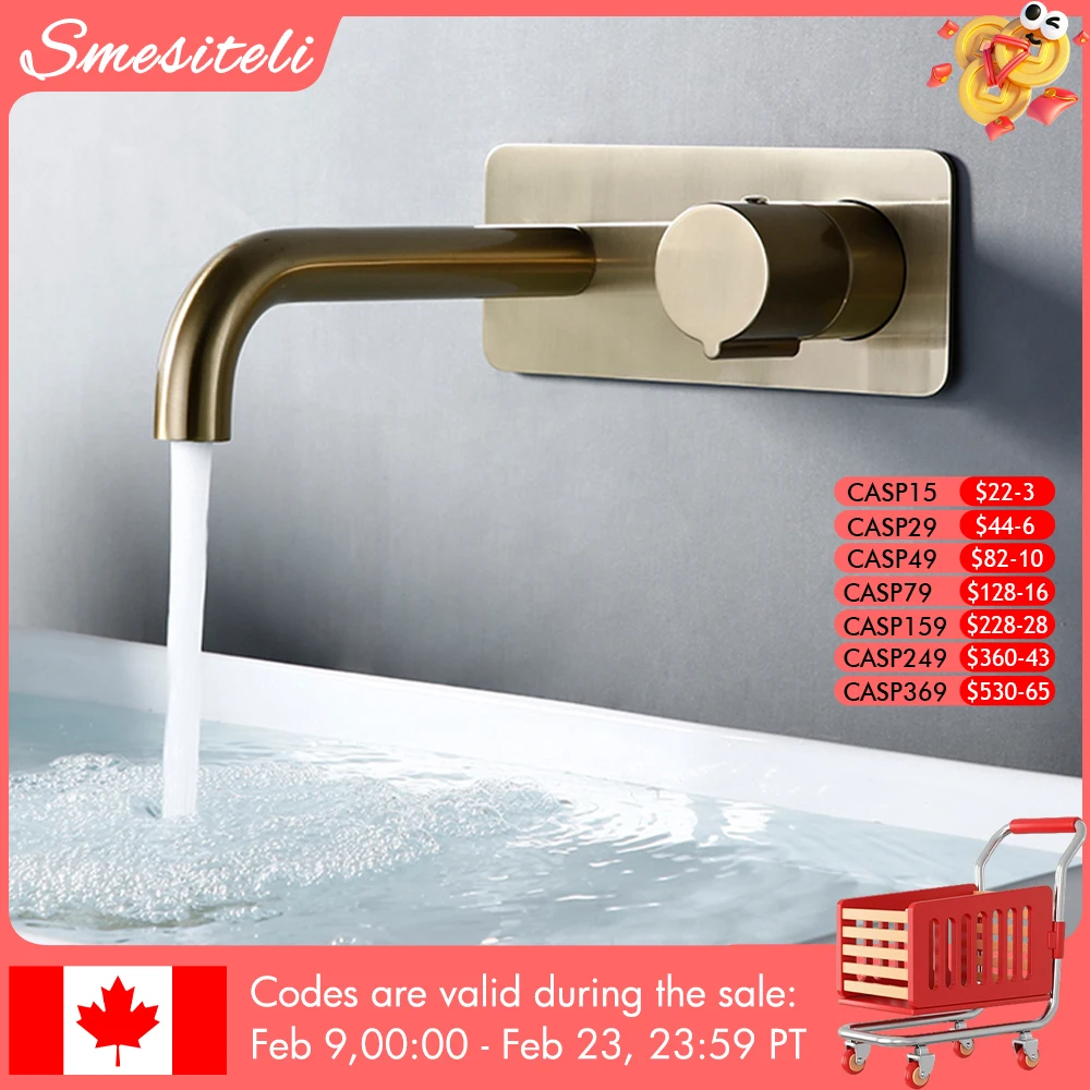 Smesiteli Bathroom Vanity Sink Faucet With Cover Plate Hot And Cold Wall-Mount Mixer Tap In Brushed Gold Taps With Knob