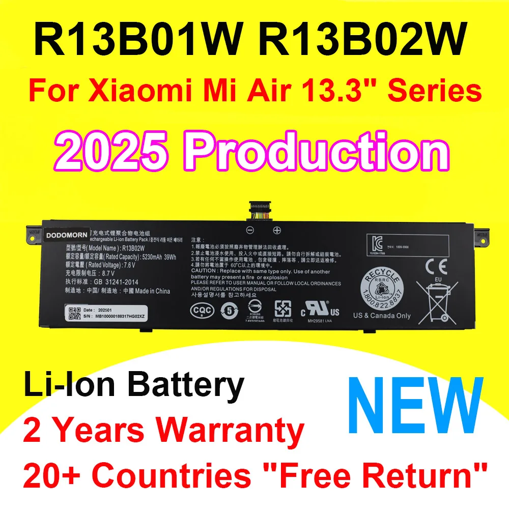 DODOMORN NEW 39WH 5230mAh R13B01W R13B02W Battery For Xiaomi Mi Air 13.3 inch Series Laptop Batteries Fast Shipping In Stock