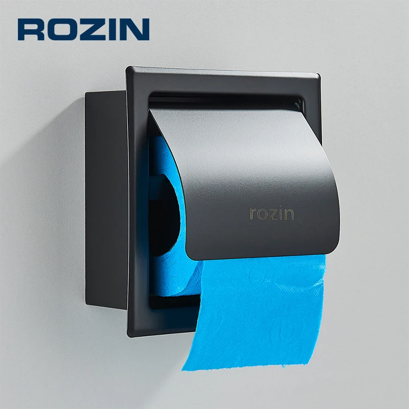 Rozin Waterproof Toilet Paper Holder Stainless Steel Wall Mounted Concealed Black Bathroom Roll Tissue Paper Rack