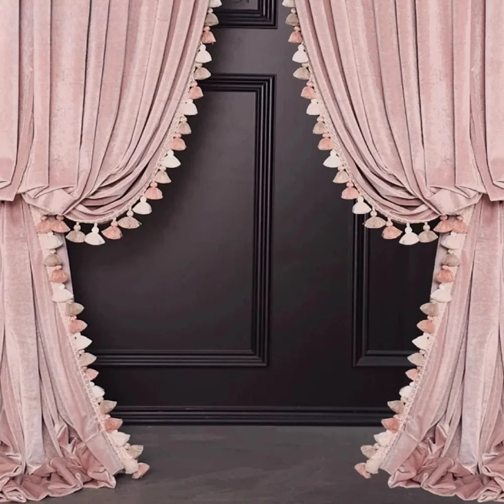 Customized Pink Velvet Lace Splicing Blackout Curtains for Living Room Bedroom French Window Balcony Floating Finished Products