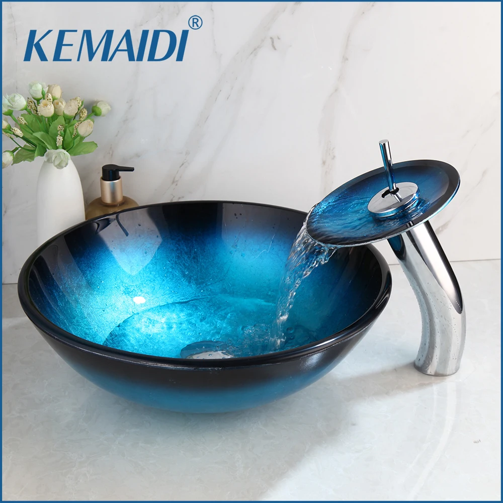KEMAIDI Blue Ocean Tempered Glass Basin Sink Bathroom Waterfall Washbasin Lavatory Combine Vessel Vanity Tap Mixer Faucet Set