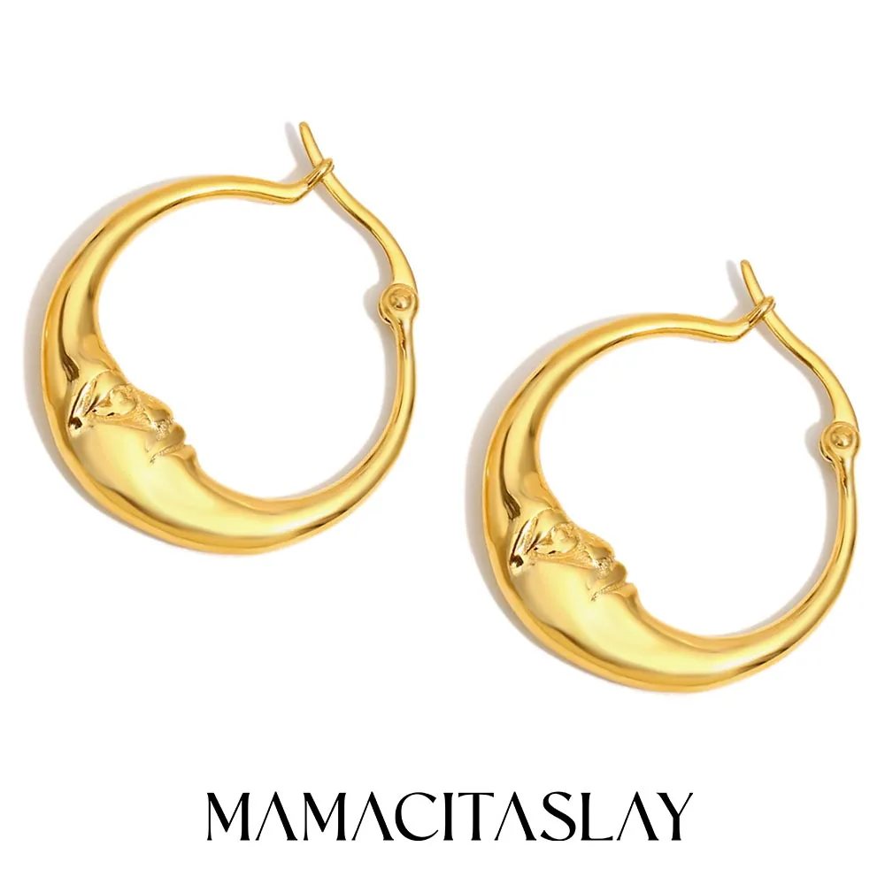 MamacitaSlay 18K Gold Plated Stainless Steel Moon Hoop Earrings Unique Waterproof Jewelry Women's Charm Statement Earrings Gift