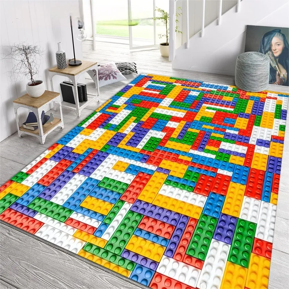 Colorful Building Blocks Carpet Mat Rug Creative Puzzle Design Home Decoration for Kids Room Playroom Living Room Bedroom Decor