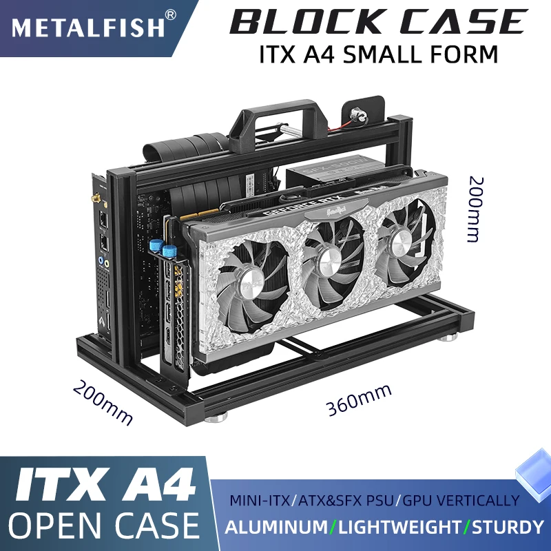 METALFISH ITX A4 Aluminum Open Frame Case, Vertical GPU, 240mm Cooler, Mini-ITX Compatible, DIY Gaming PC