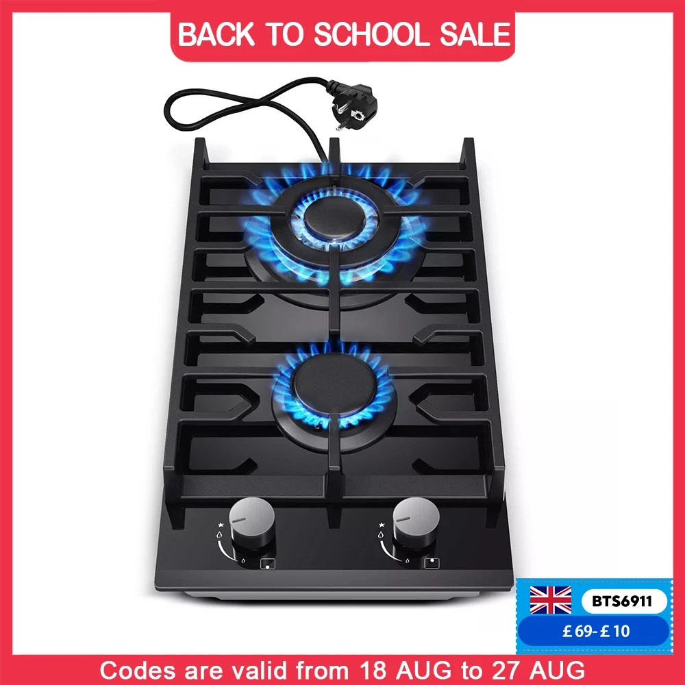TopStrong 2 Burners 30cm Kitchen Built in Tempered Glass NG/LPG Dual Fuel Gas Hob UKGCT-B02