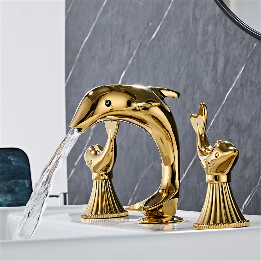 Tuqiu Dolphin Bathroom faucet widespread Gold Basin faucet Lavotory Tap luxury Basin Mixer Hot And Cold shower room sink Faucet