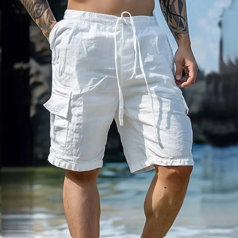 Summer Fashion Loose White Cargo Shorts Men's Handsome Streetwear Beachwear Solid Color with Pockets Shorts Workout Pants 2024