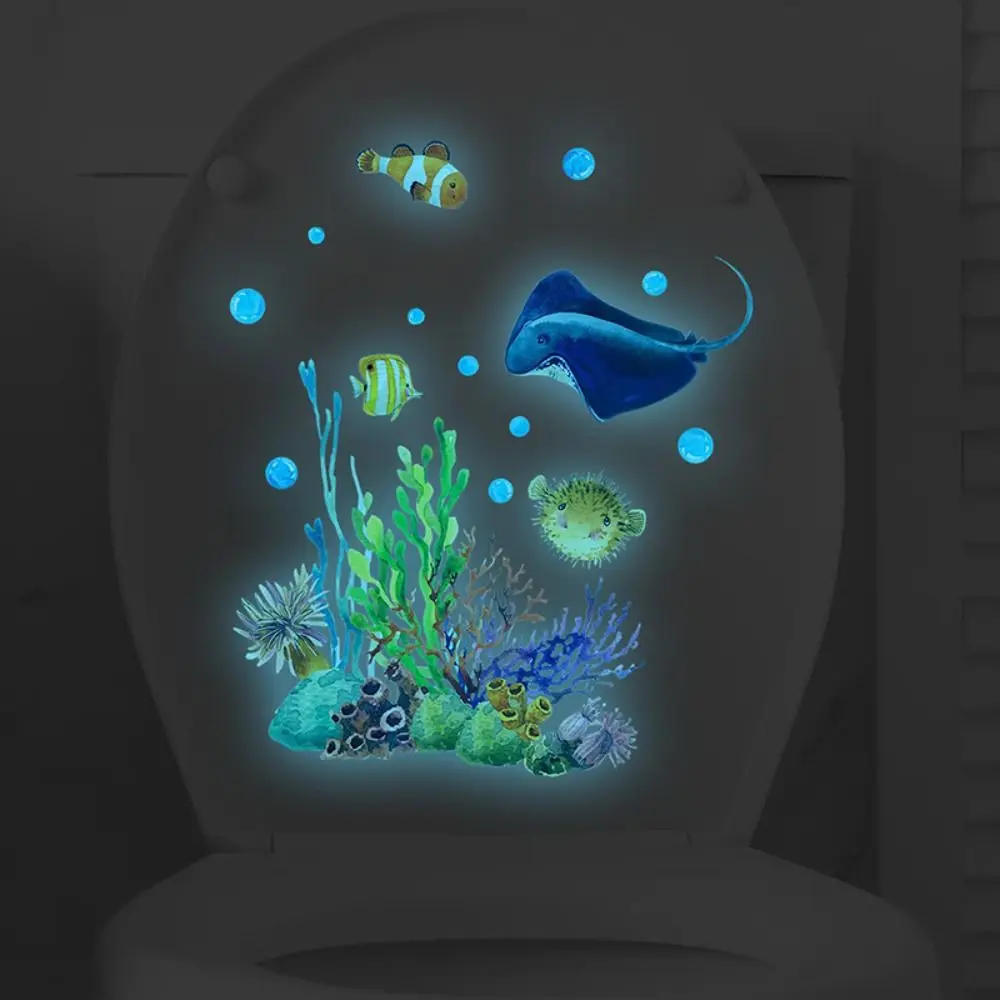 Glow in Dark Toilet Stickers Undersea Animal Fish Coral Waterproof WC Toilet Lid Decal Cartoon Funny Toilet Cover Sticker