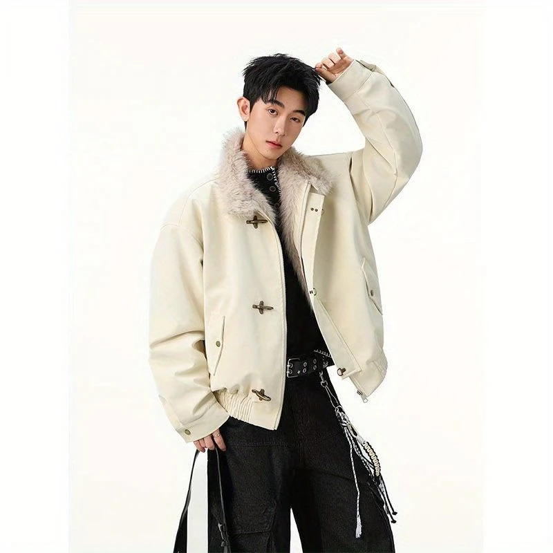 Mens Jacket Harajuku Winter Heavyweight American Aviator Buckle Eagle Cotton Coat Thick Fur Collar Faux Leather Streetwear New
