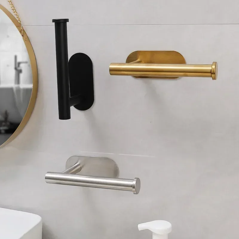 Self Adhesive Toilet Paper Holder Gold Stainless Steel Wall Mount No Punching Tissue Towel Roll Dispenser Bathroom Paper Hooks