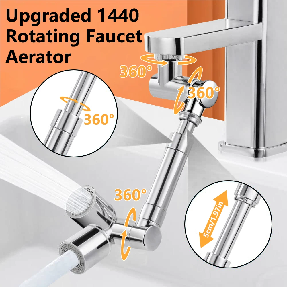1440° Swivel Faucet Extender Sink Aerator Scalable 2-Modes Splash Water Tap Extension Kitchen Bathroom Universal Robotic Arm