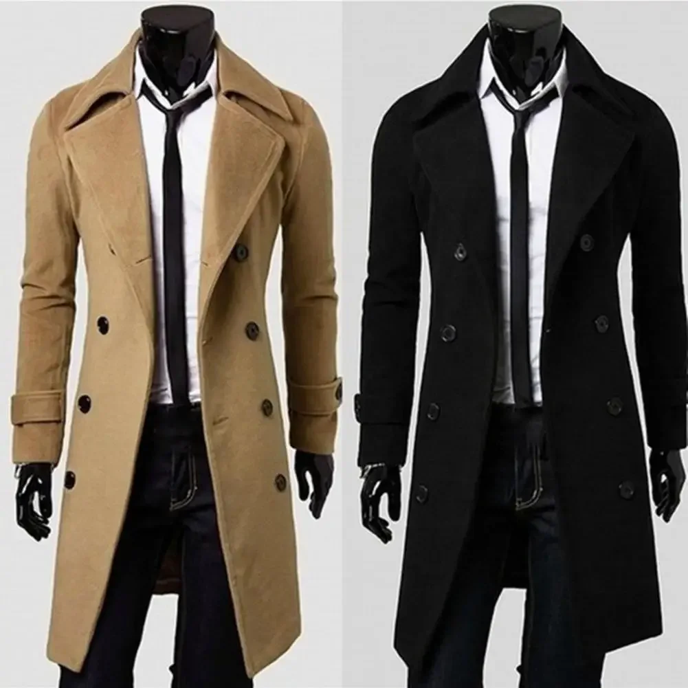 Simple Trench Coat Double-breasted Male Men Coat Coldproof Pure Color Jacket