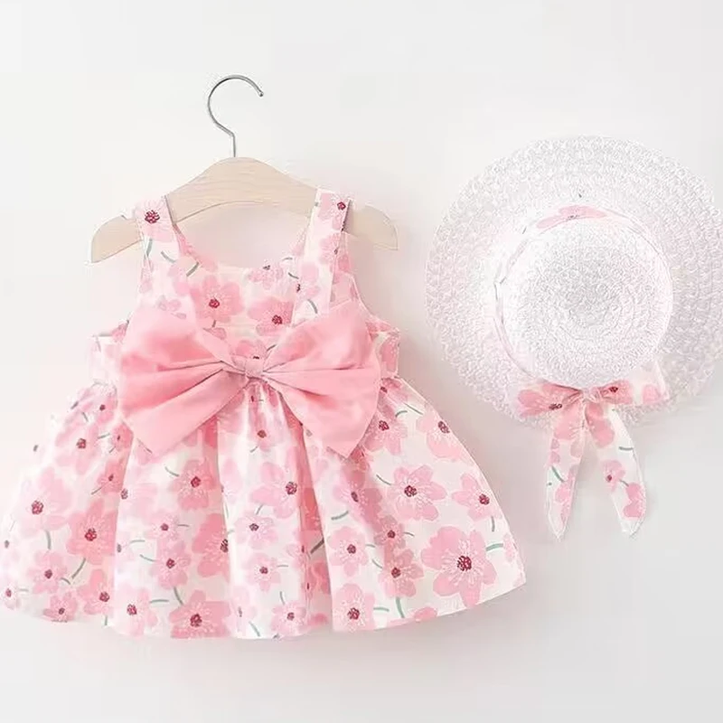 0-3-year-old baby clothes summer seaside vacation children's dress floral sleeveless bow girl princess dress+hat
