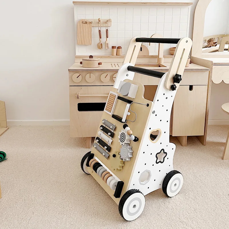 Wooden Baby Walker Cart - Anti Rollover & O-Shaped Leg Design, Adjustable Multifunctional Learning Walking Toy for Toddlers