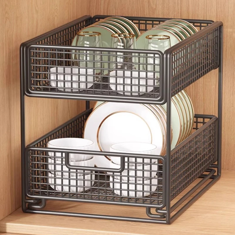 Under-Sink Pull-Out Storage Rack Double-Layer Deep Drawer Organizer Kitchen Cabinet Slide Basket Multi-Functional Large