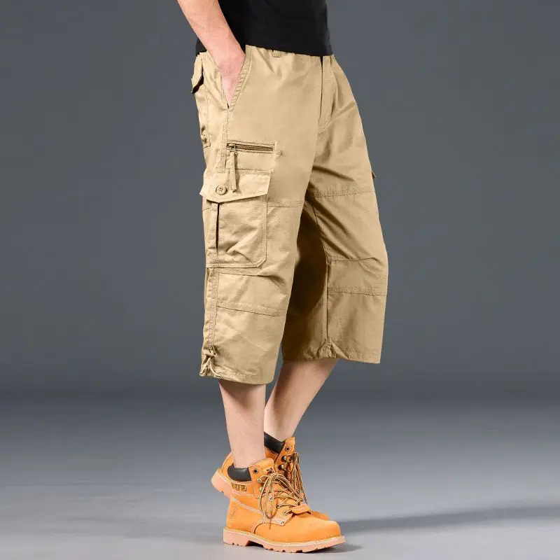 2025 New Mens Cargo Shorts Knee Pants Zipper Pocket Summer Cotton Shorts Climbing Jogger Elastic Waist Sports Wear