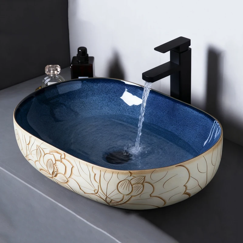 Retro Ceramic Bathroom Sink Countertop Wash Basin Artistic Vanity Bowl for Home Ceramic Vessel Sink Counter Wash Bowl Vintage