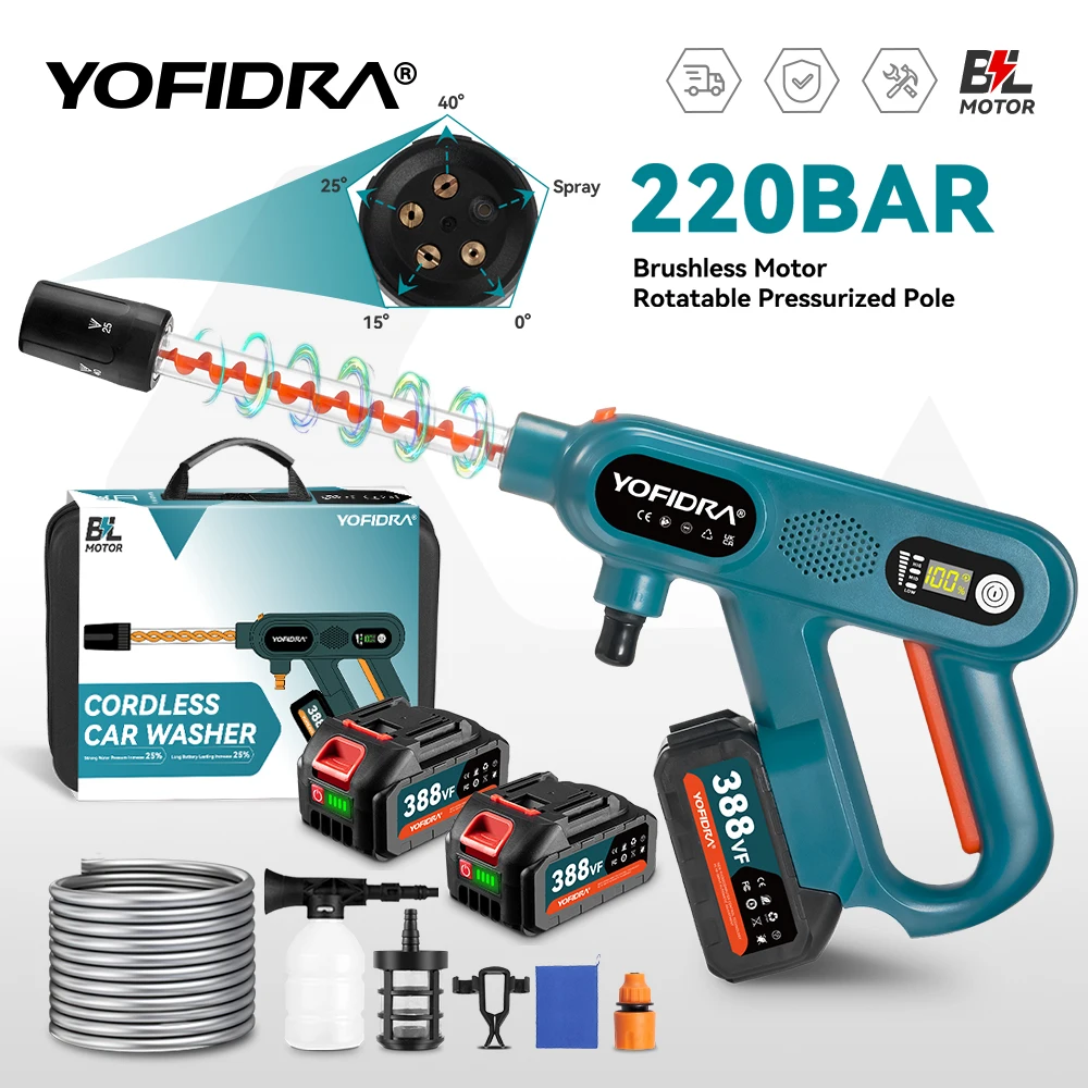 YOFIDRA 3500W Brushless Electric High Pressure Washer Gun 220Bar Power Garden Car Washing Water Spray Gun For Makita Battery Pin
