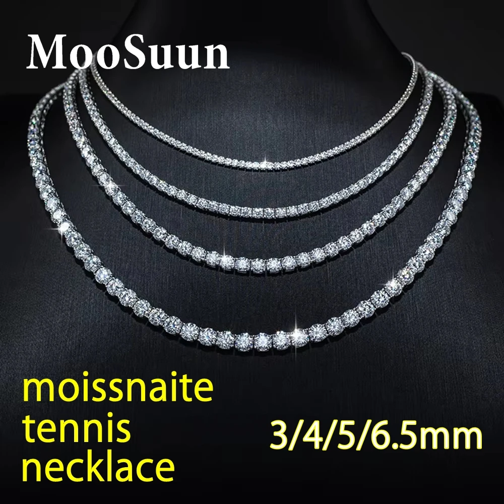 MooSuun 3/4/5/6.5mm Moissanite Tennis Necklace for Women Men Sparkling Lab Diamond S925 Sterling Silver Luxury Fine Jewelry