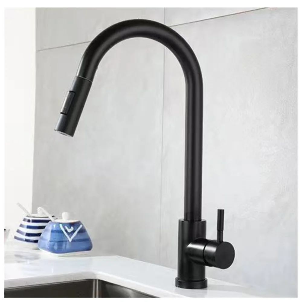 Black Kitchen Faucet Flexible Pull Out 2 Modes Nozzle Hot Cold Water Mixer Tap Deck Mounted Sprayer and Stream SUS 304 Faucets