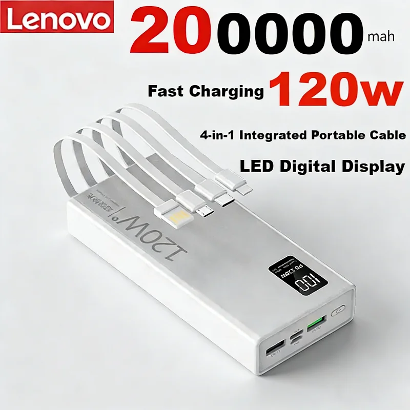 Lenovo 120w 200000mah High-capacity Power Bank With Portable 4-in-1 Cables For Fast Charging Portable Charger For Iphone Samsung