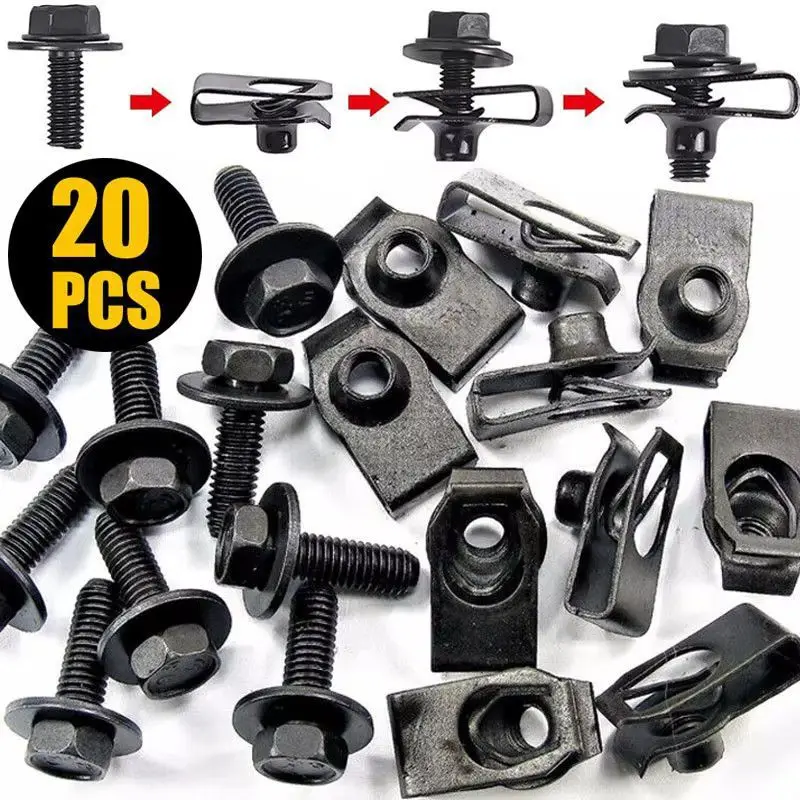 20pcs Car Body Bolts & U-nut Clips M6 Engine Cover Undertray Floor Splash Guards, Bumper Washers Fastener Rivet Screw